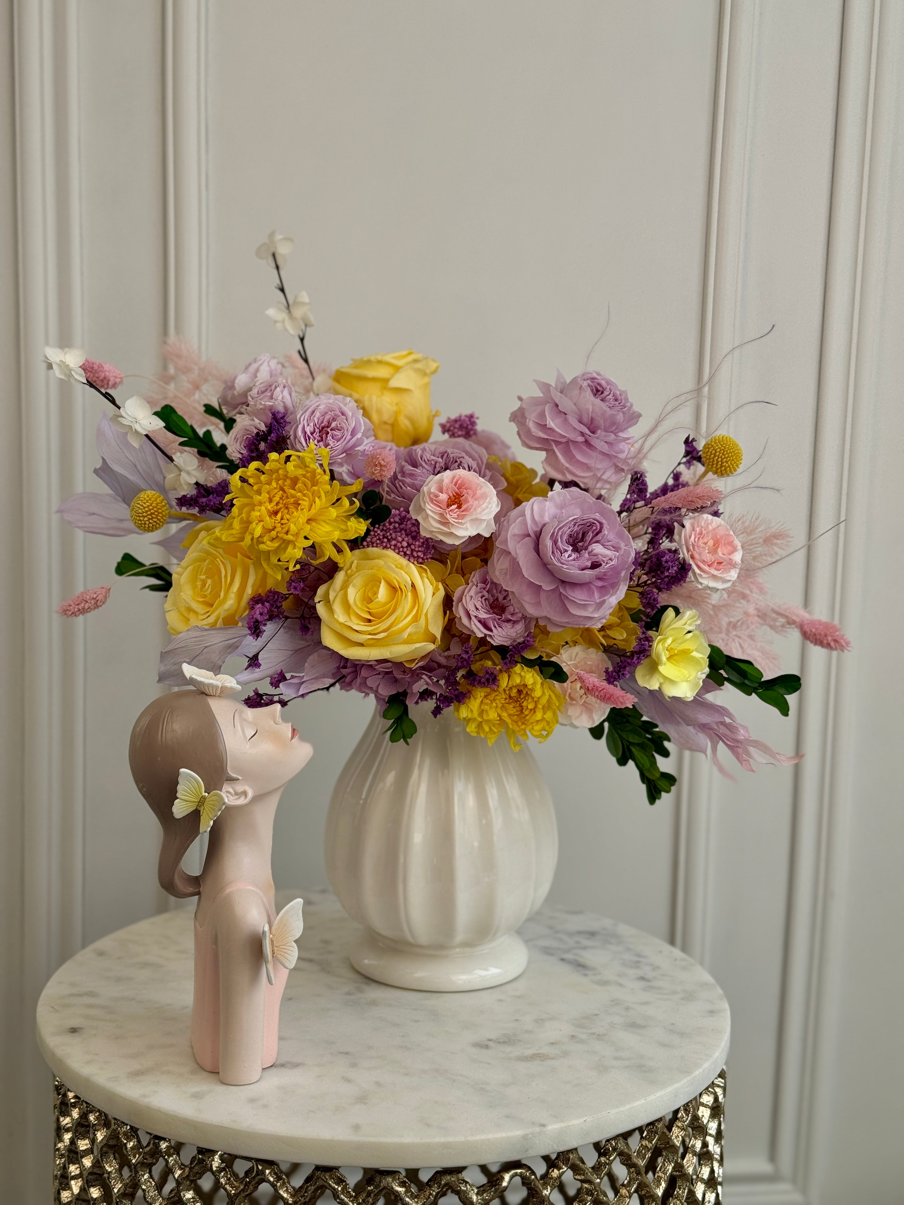 lavender flower arrangement Lavender Sunrise Preserved Flower Arrangement – MIKONA Flowers LLC