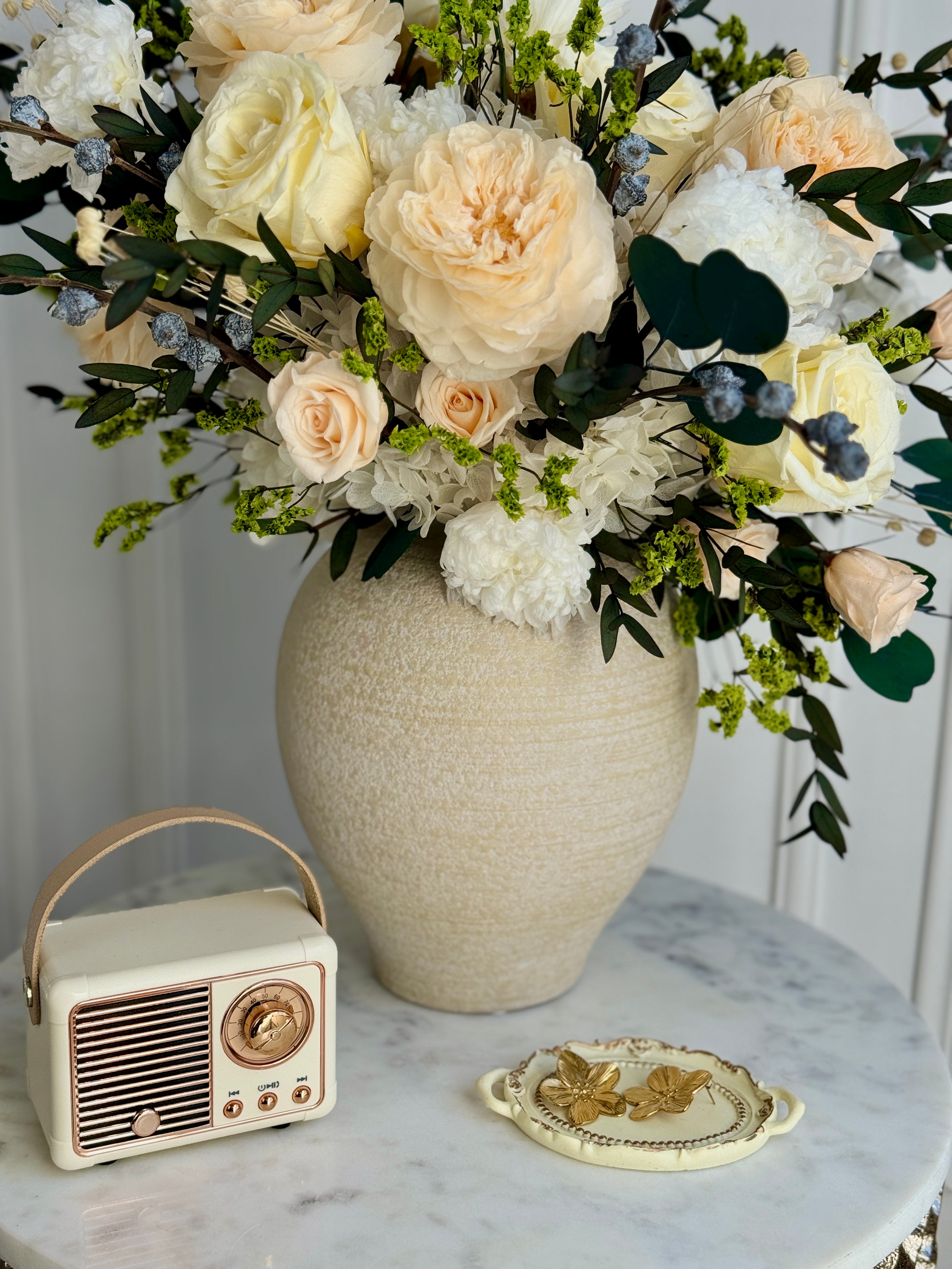 Pastel preserved flower arrangement with eucalyptus