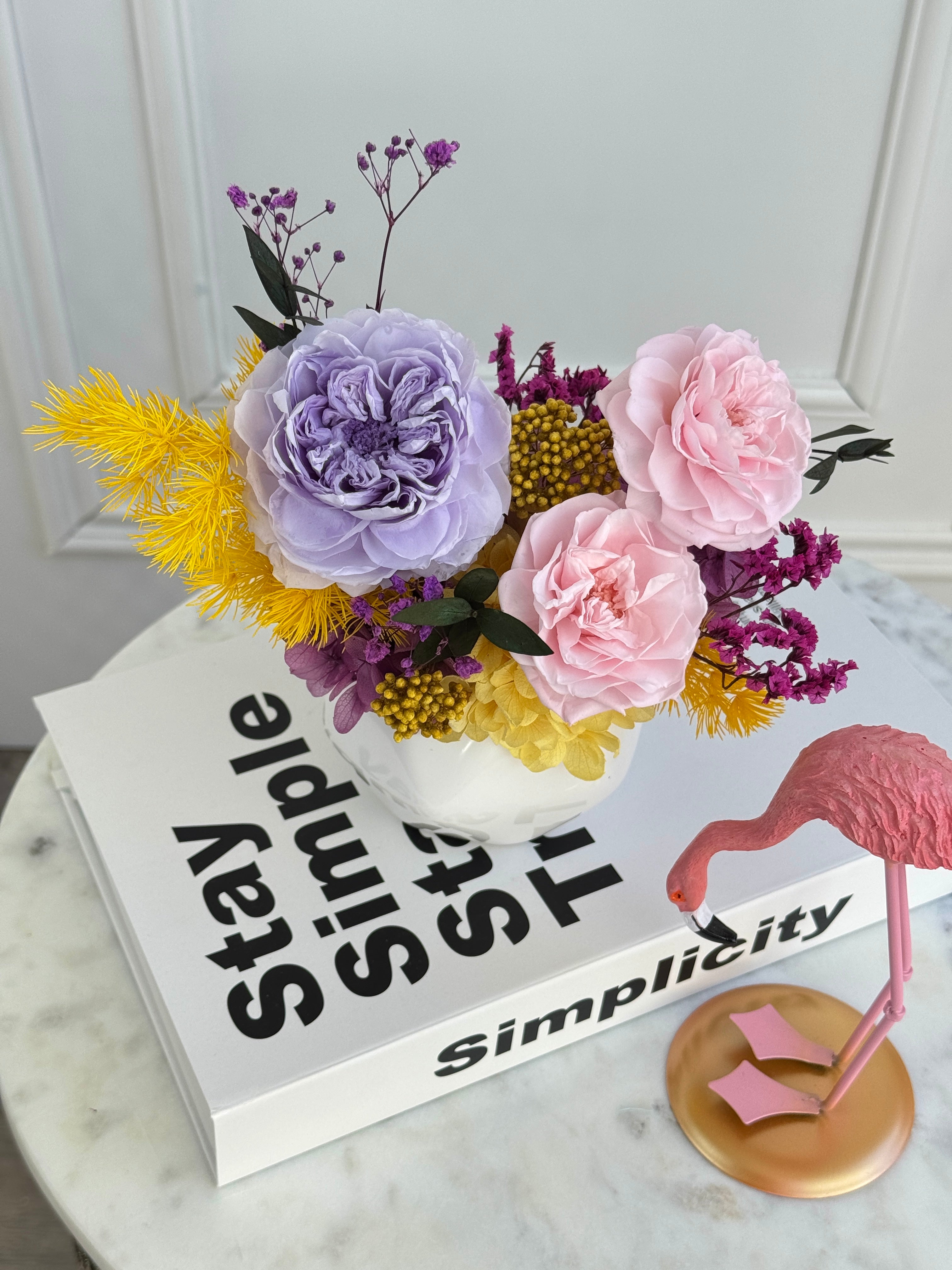 Lavender & blush preserved roses with peony-style blooms and golden accents