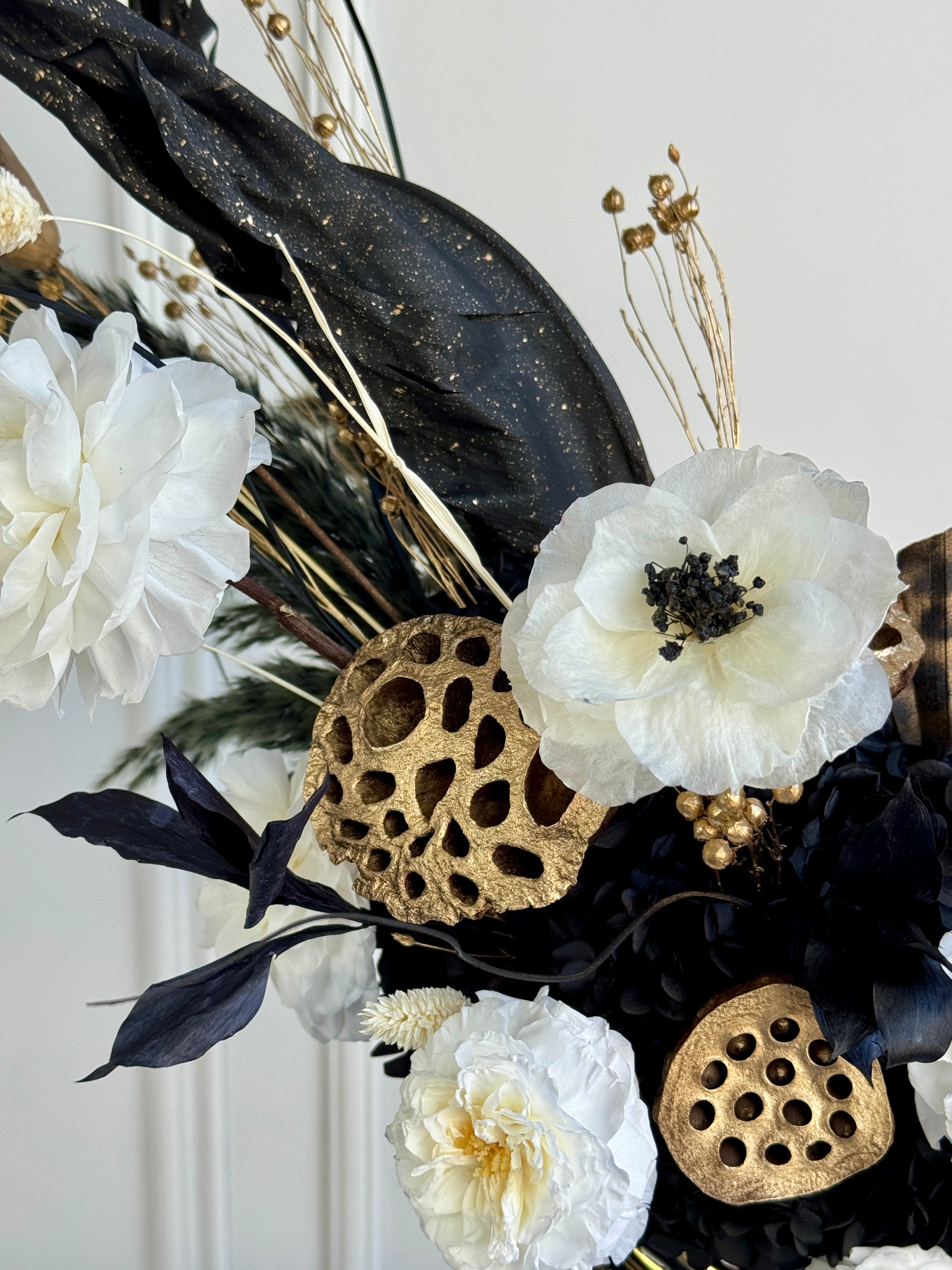 Sculptural preserved flower arrangement art object no water no maintenance long-lasting display