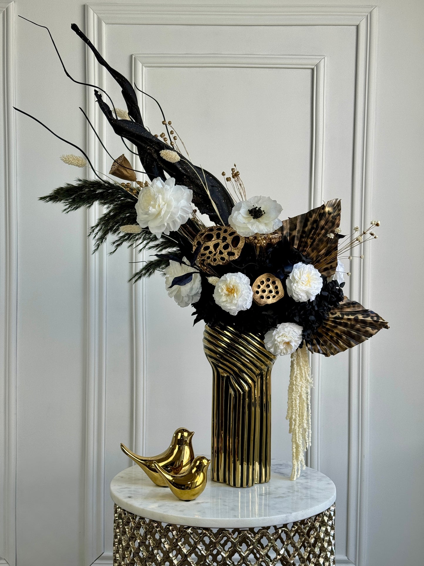 Savannah Noir preserved flower art object in Los Angeles with dramatic sculptural design