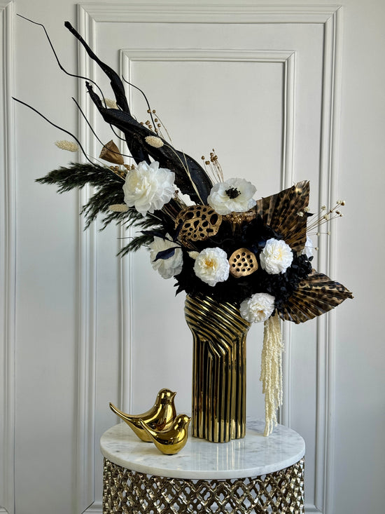 Savannah Noir preserved flower art object in Los Angeles with dramatic sculptural design