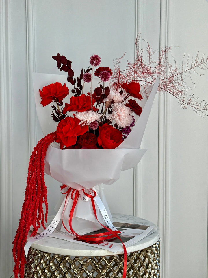 Amore Rosso preserved flower bouquet with deep red roses and blush white accents in Los Angeles