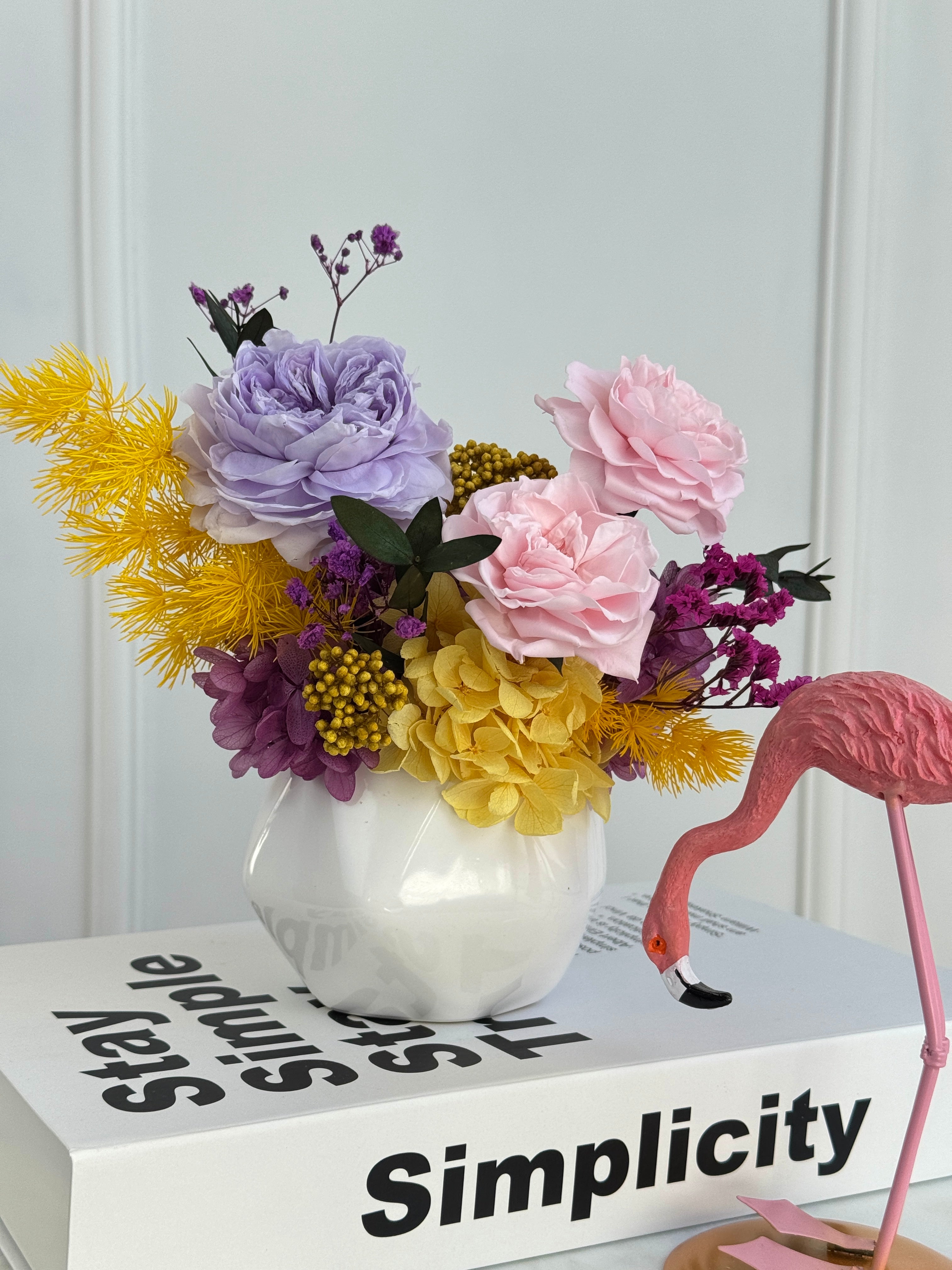 Pastel Harmony preserved flower arrangement in a white ceramic vase, Los Angeles, CA