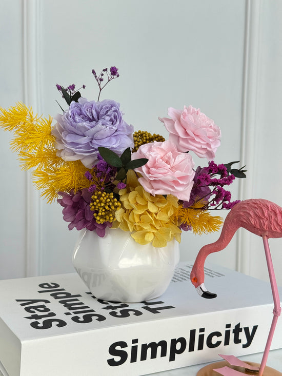 Pastel Harmony preserved flower arrangement in a white ceramic vase, Los Angeles, CA