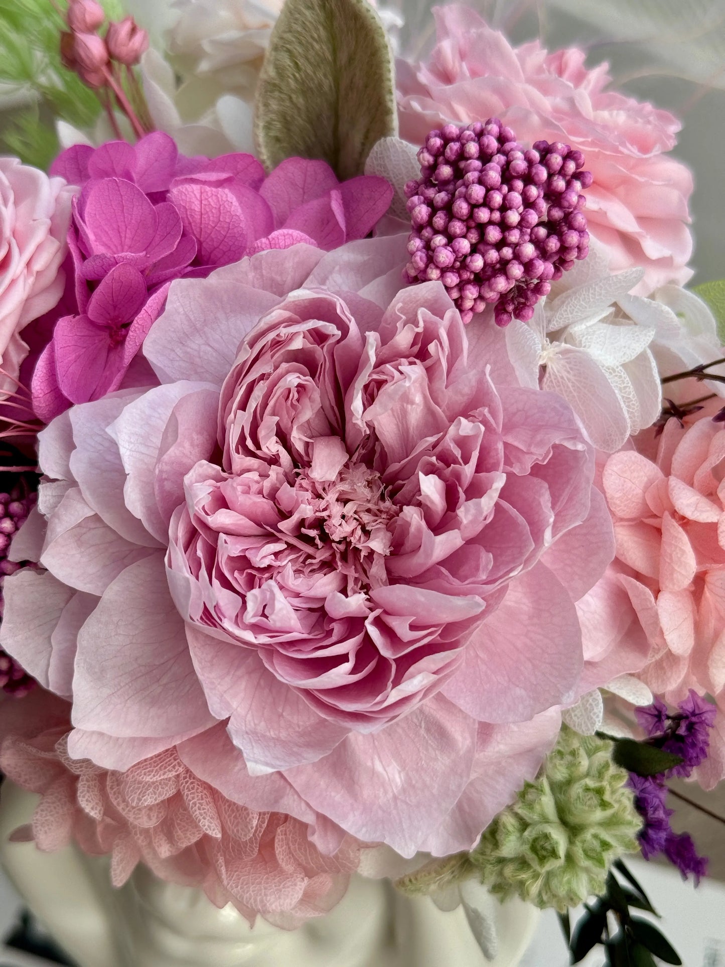 Mademoiselle Soft Pink Los Angeles preserved rose and hydrangea arrangement