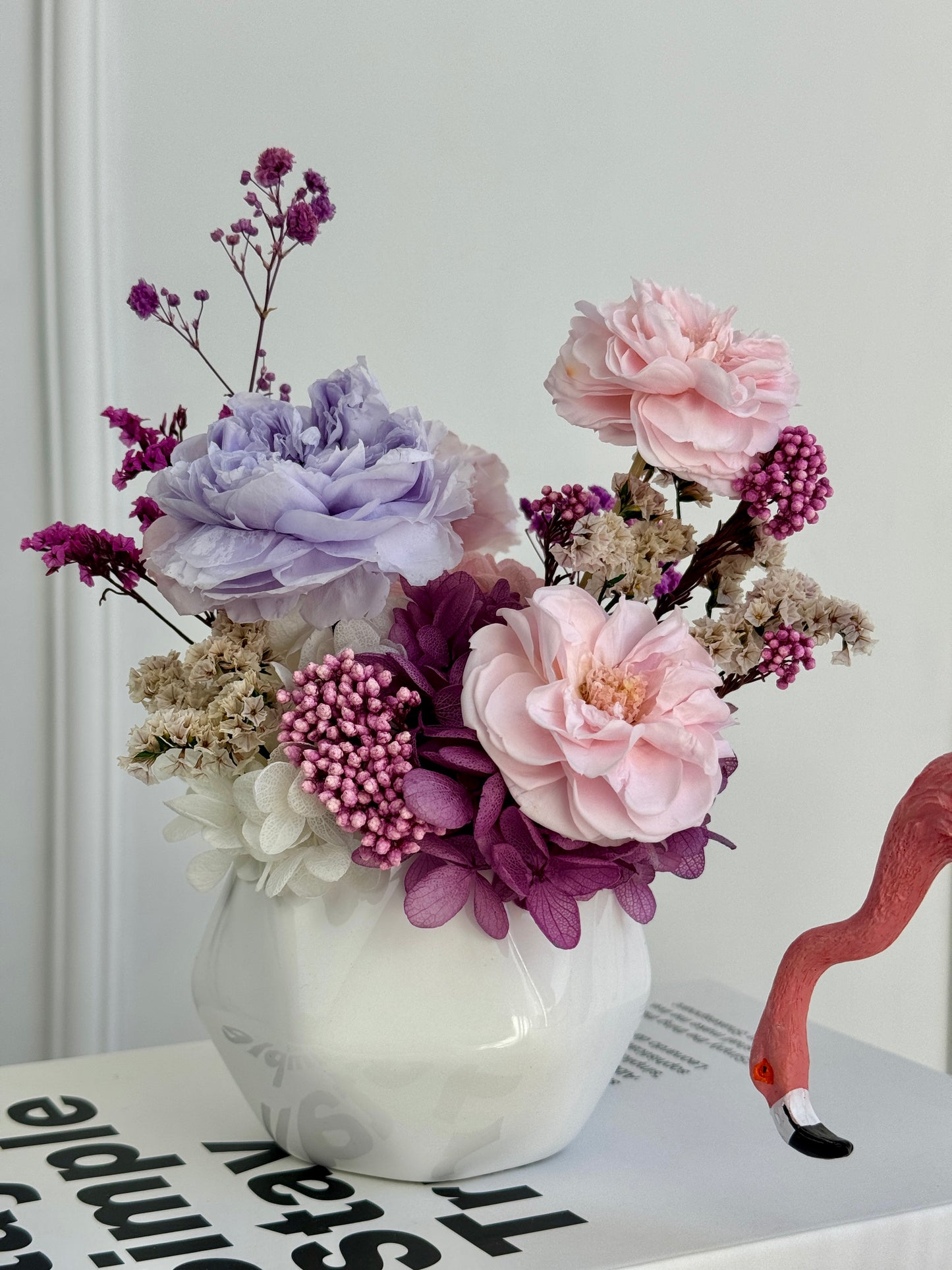 Classic Pastel preserved flowers in Los Angeles in glossy white ceramic vase