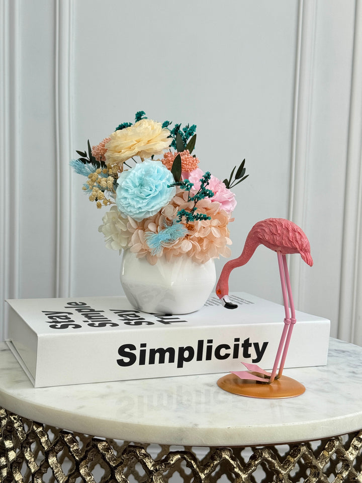 Pastel Accent preserved flowers in white vase, Los Angeles