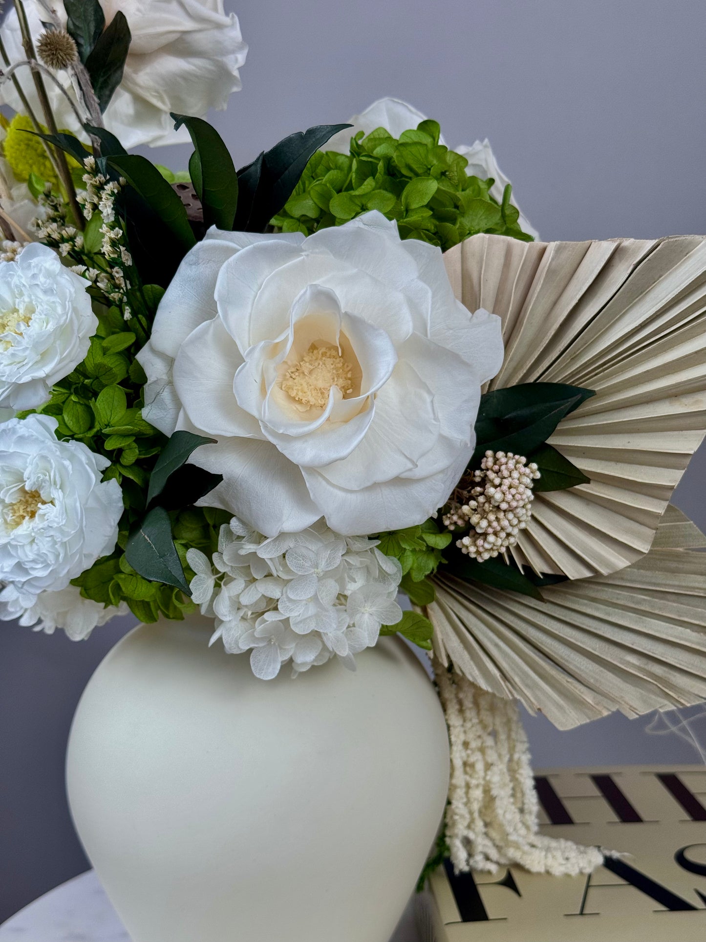 Modern preserved flower centerpiece with lotus pods
