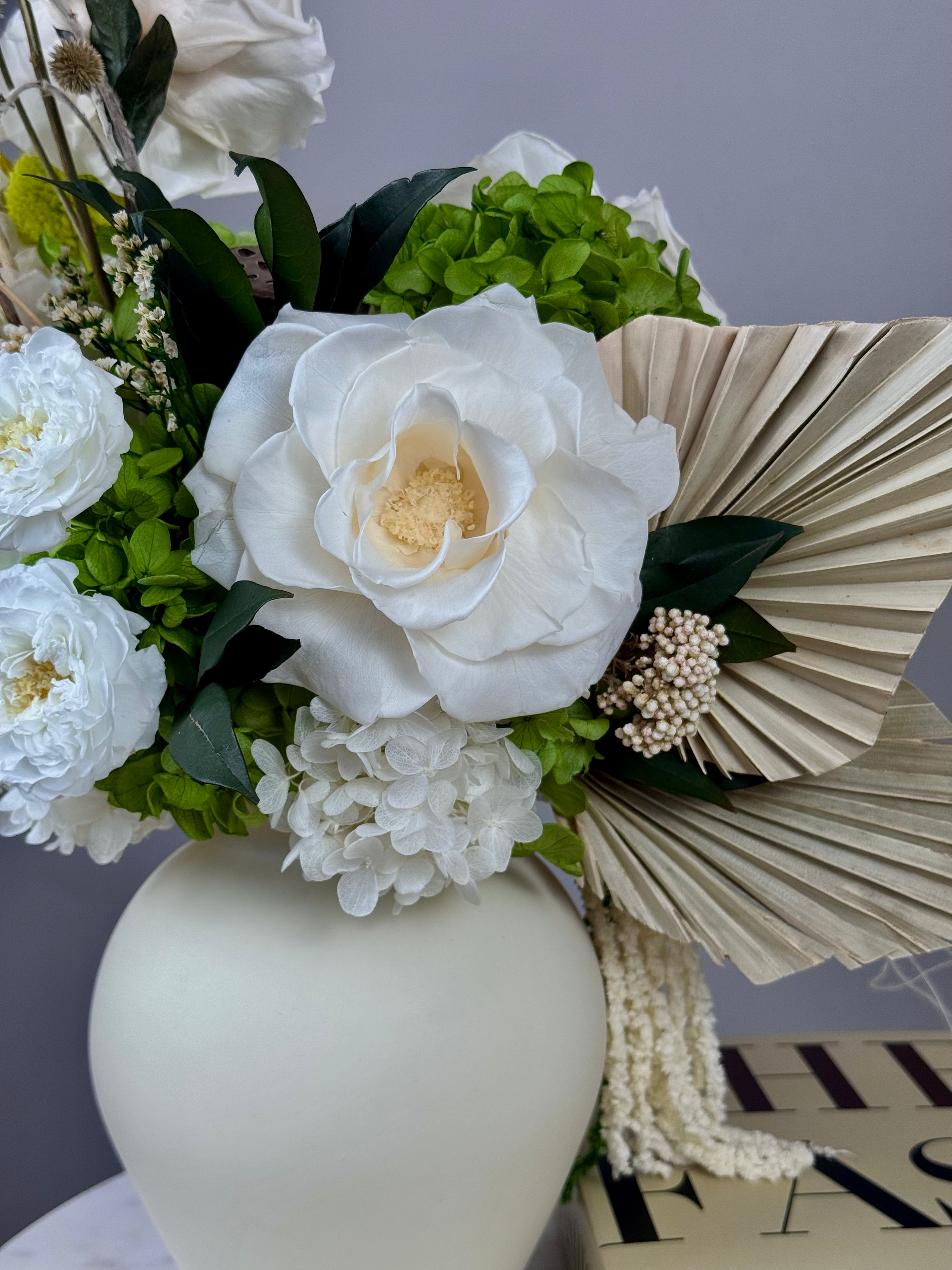 Modern preserved flower centerpiece with lotus pods