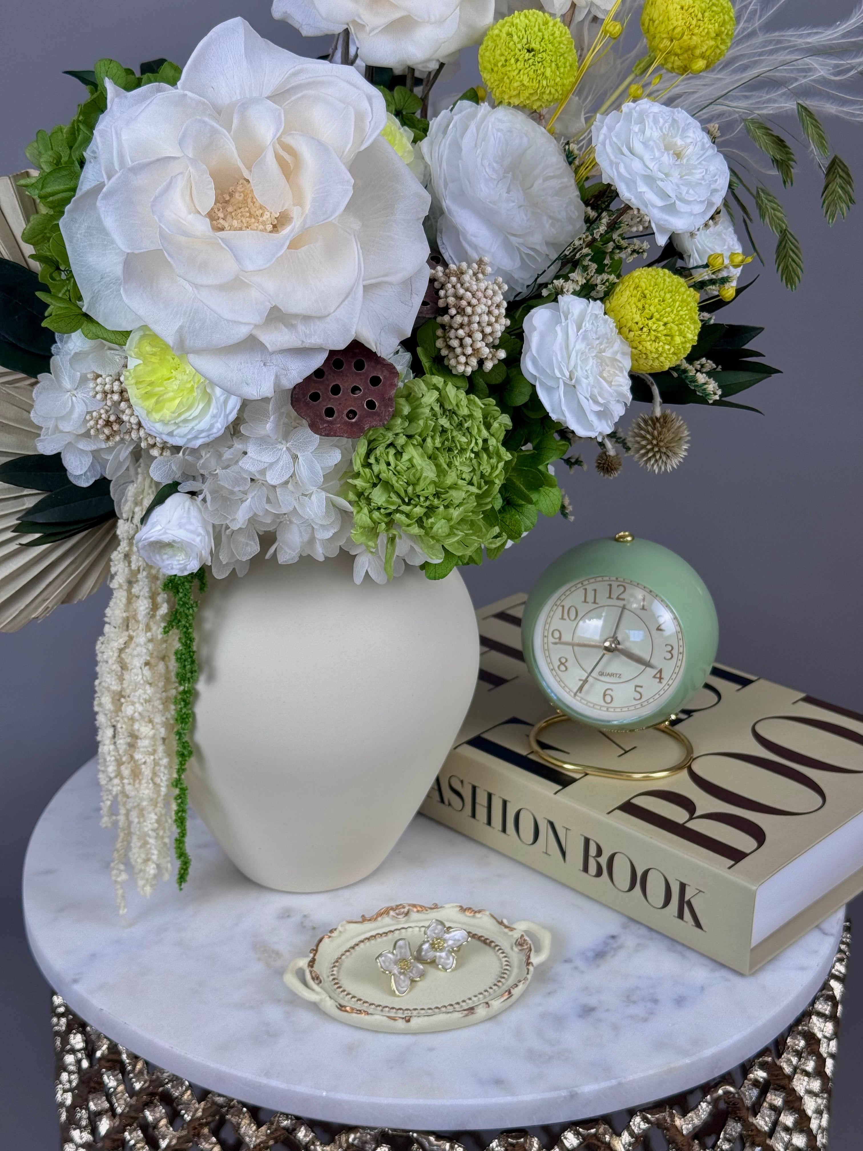 White and pistachio preserved floral design Los Angeles