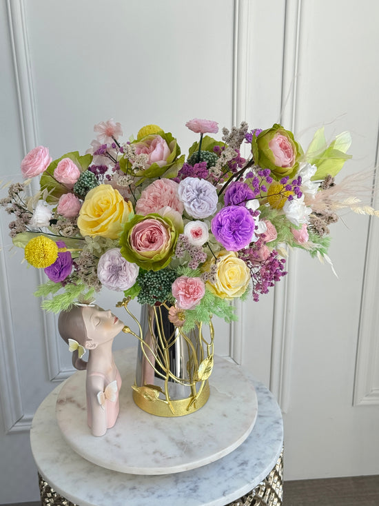 Top view of Vivid Bloom Burst preserved flowers in Los Angeles