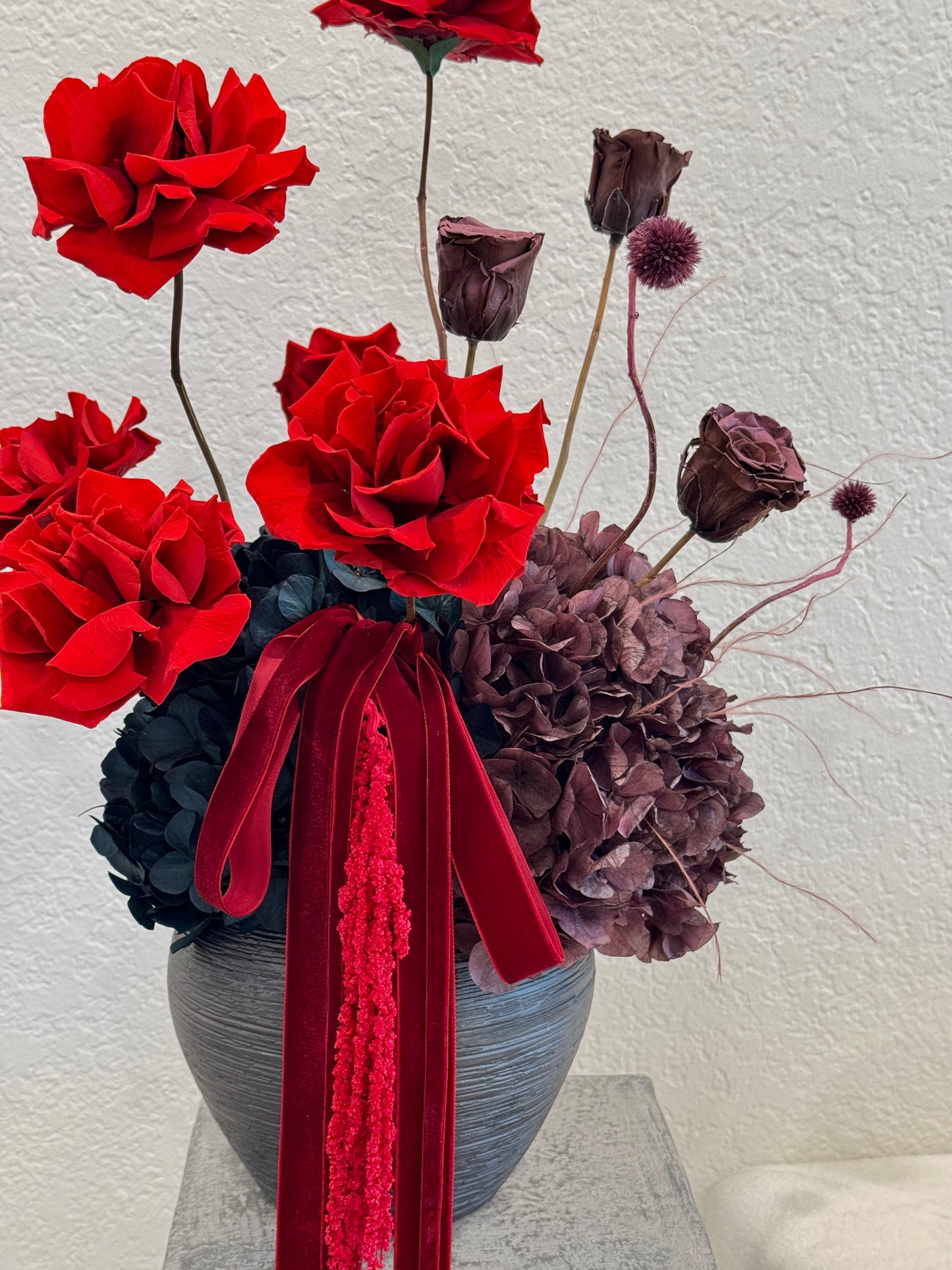 Two Wild Roses preserved arrangement with sculptural vase