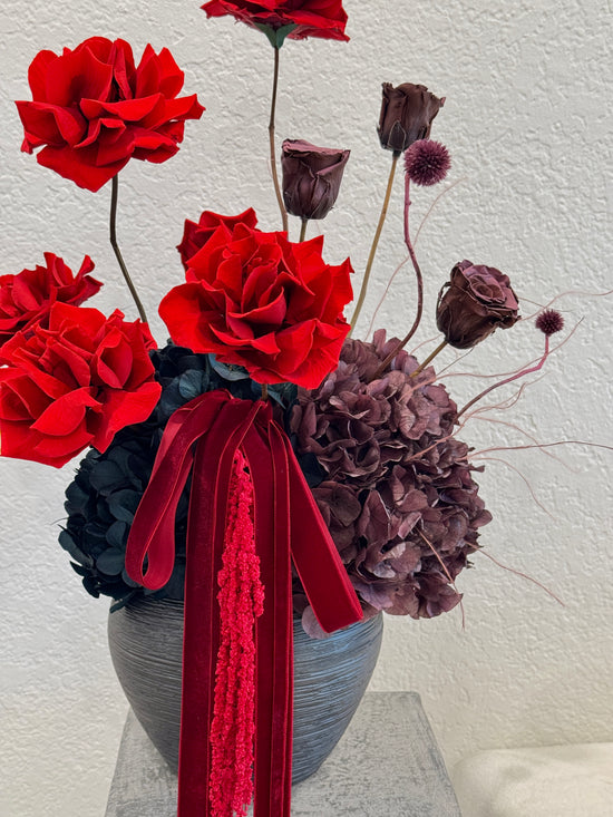 Two Wild Roses preserved arrangement with sculptural vase